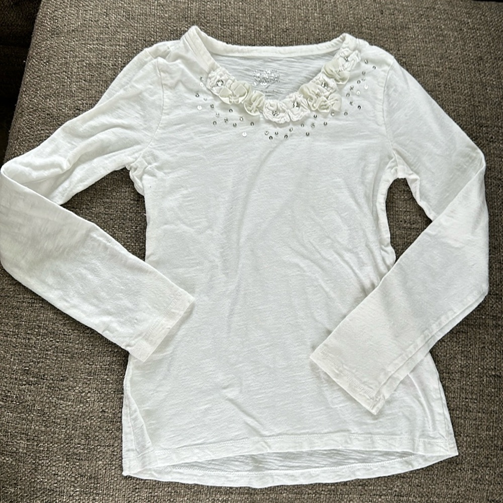 Justice Girls Size 8 White Slub Knit Ruffle Rhinestone Shirt